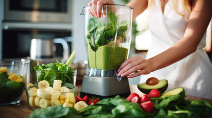 Healthy food, cooking, vegetarian food, diet. Close-up of a young woman with a blender and green vegetables preparing a cocktail or smoothie at home.