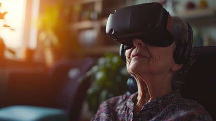 Senior woman lifestyle at home with modern technology concept. Elder woman wearing virtual reality headset for therapy by metaverse tech online. Older relax on day play vr game, generative ai - obrazy, fototapety, plakaty