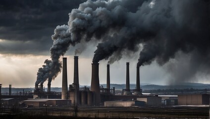 photo of a factory with a chimney emitting black smoke that pollutes the environment made by AI generative