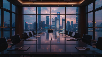 Fototapeta premium Meeting room with a view of the city skyline
