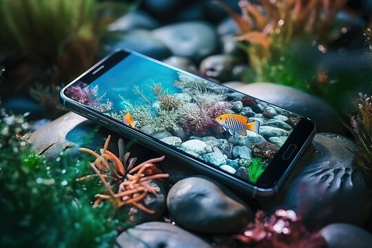 Smartphone underwater with photos of exotic fish on the screen. Generated by artificial intelligence