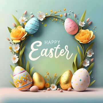 Happy Easter background with decorative eggs and flowers