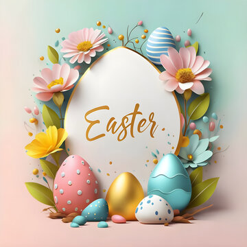 Happy Easter background with decorative eggs and flowers