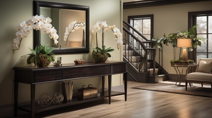 A welcoming entryway with light tan painted walls and dark chocolate accent furniture