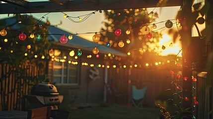 The garden area next to the house shines with sunlight in the evening. - obrazy, fototapety, plakaty