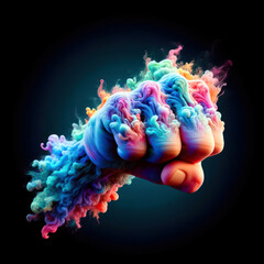 Close-up of a hand-closed punch and multicoloured smoke on a black background