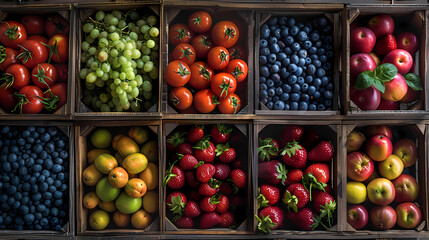 array of fresh fruits and vegetables presented in wooden baskets