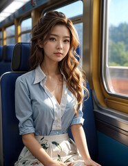 Fototapeta na wymiar A beautiful Asian woman sits on a train, wearing a blue top and a white skirt. She looks out the window, which shows a mountain landscape. ai generative
