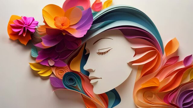 Animation video International Women's Day of  paper quilling artwork, with a variety of shapes and colors that appear to be flowers and leaves. A significant portion of the image is obscured by a grey