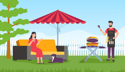 Family party with barbecue. Outdoor picnic with bbq