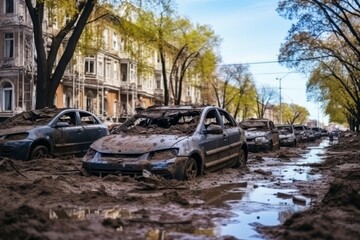 Damaged vehicles on city street after natural flood disaster, mud and destruction scene