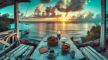 Breathtaking sunset views from a seaside terrace overlooking Caribbean beaches embody the quintessence of serenity and tropical beauty, offering unparalleled peace and vibrant colours. Ai generated - obrazy, fototapety, plakaty