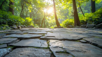 Empty stone floor with jungle background for advertising, 3D rendering of realistic presentation, 3D, illustration, render 