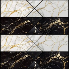 Black and white marble with gold veins wall tiles mosaic composition sample, horizontal stripes with X central pattern
