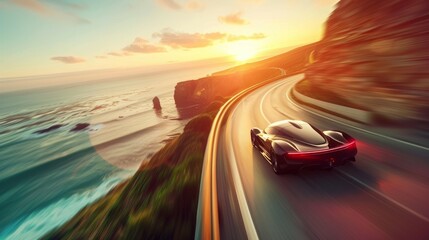 A red sports car drives rapidly along a coastal road, capturing the essence of freedom and speed against a sunset backdrop. - obrazy, fototapety, plakaty