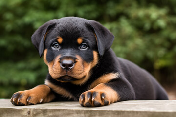 A youthfully exuberant Rottweiler puppy stands against a bucolic landscape.
