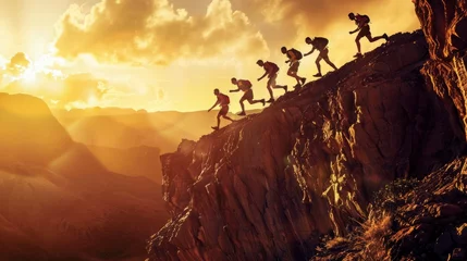 Wandcirkels tuinposter A dynamic group of hikers ascends a steep cliff, silhouetted against the golden light of the setting sun, symbolizing teamwork and adventure. © Moopingz