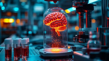 Neural artificial intelligence brain in factory lab for futuristic research, technology innovation and machine learning network  - obrazy, fototapety, plakaty