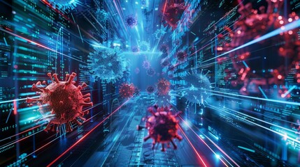 A dynamic 3D representation of various virus models in a digital space, symbolizing cyber threats and security.
