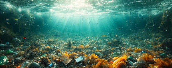 Garbage floating in the middle of the sea - obrazy, fototapety, plakaty