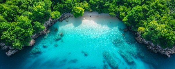 Aerial scenic view of a forested lake