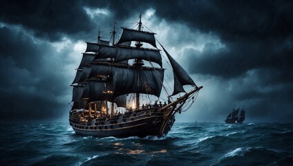 photo of a wooden ship with black sails sailing during a storm made by AI generative