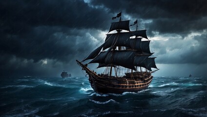 photo of a wooden ship with black sails sailing during a storm made by AI generative - Powered by Adobe