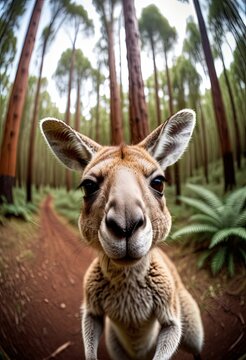 Animal make selfie in forest. Close-up kenguru in forest take selfie. interaction between wildlife and modern photography trends
