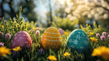Happy Easter greeting background with Easter eggs. Colorful easter eggs background with copy space area for text. Frame background. Beautiful background