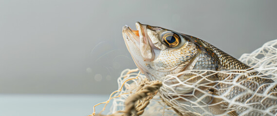 Fresh Catch in Fishing Net Close-up. Vivid close-up of a fish caught in a fishing net, with detailed textures.