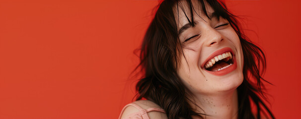 Joyful Close-up of Smiling laughing brunette Woman. Young woman's mouth, showing white teeth, happy smile, copy space. - obrazy, fototapety, plakaty