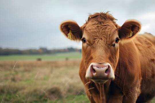 brown cow on a meadow looking at the camera generative ai