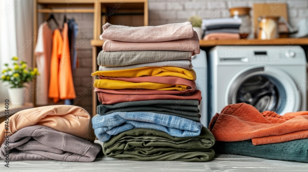 Poster a stack of neatly folded laundry with various fabric textures in front of a modern washing machine i