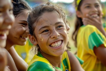 Vibrant young girls in yellow jerseys sharing a moment of joy on a sunny sports field

