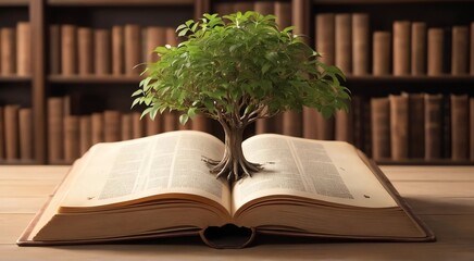 World Philosophy Day Concept: A Tree of Knowledge Planted on an Opened Book in Library