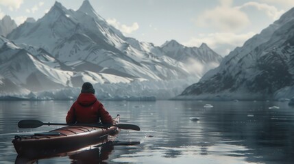 A lone adventurer kayaking in calm arctic waters, surrounded by snow-capped mountains.