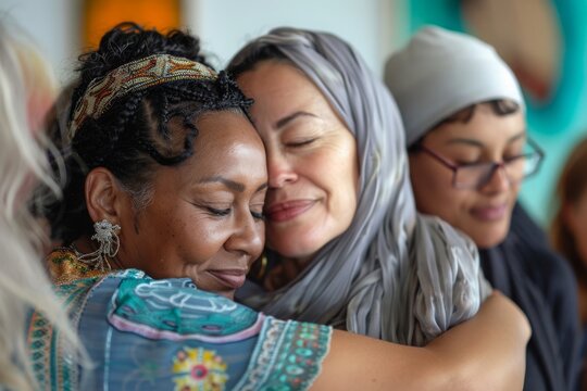Close-up of multicultural women hugging each other, depicting warmth, diversity, and affection in a community setting.

