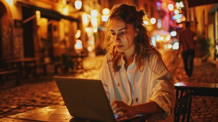 Focused young woman using a laptop on an outdoor table at night, surrounded by urban street lights.