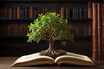 World Philosophy Day Concept: A Tree of Knowledge Planted on an Opened Book in Library