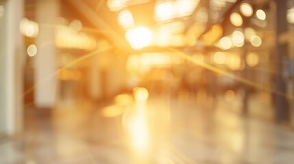 Blurred office corridor bathed in warm golden bokeh light, conveying a busy atmosphere.