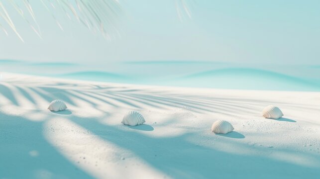 Scattered seashells on pristine white sand, symbolizing peaceful beach relaxation.