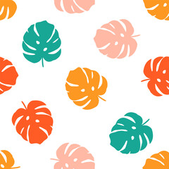 Seamless pattern with colorful monstera leaves