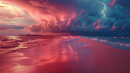 beach with pink sand at sunset with dark storm clouds on the horizon and a lighting bolt in the distance