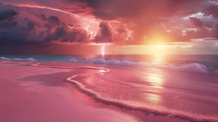 Crédence de cuisine en verre imprimé Descente vers la plage beach with pink sand at sunset with dark storm clouds on the horizon and a lighting bolt in the distance