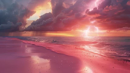 Photo sur Plexiglas Coucher de soleil sur la plage beach with pink sand at sunset with dark storm clouds on the horizon and a lighting bolt in the distance