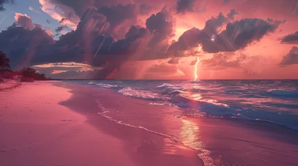 Crédence de cuisine en verre imprimé Coucher de soleil sur la plage beach with pink sand at sunset with dark storm clouds on the horizon and a lighting bolt in the distance