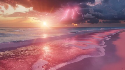 beach with pink sand at sunset with dark storm clouds on the horizon and a lighting bolt in the distance - obrazy, fototapety, plakaty