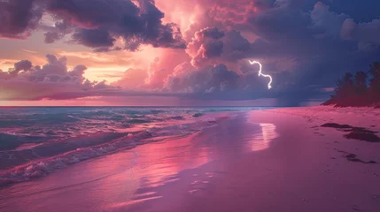Cercles muraux Coucher de soleil sur la plage beach with pink sand at sunset with dark storm clouds on the horizon and a lighting bolt in the distance