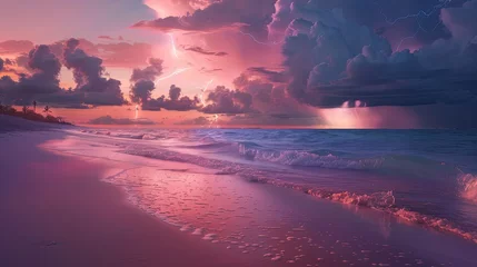 Photo sur Aluminium brossé Descente vers la plage beach with pink sand at sunset with dark storm clouds on the horizon and a lighting bolt in the distance