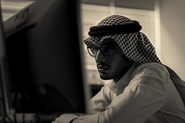Middle Eastern Arab man working in the office. - obrazy, fototapety, plakaty
